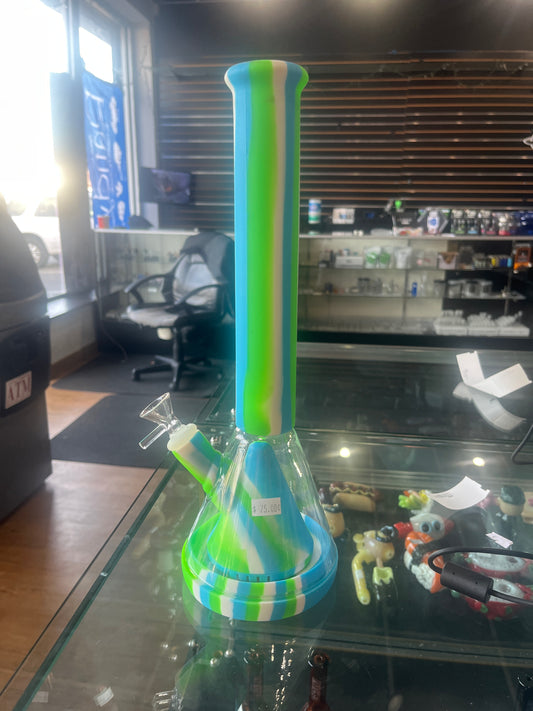 Blue and Green Silicone-Glass Hybrid Beaker Bong